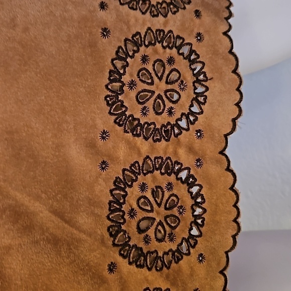 ECOLOGIE Tan Faux Suede Patchwork Scalloped Floral Cutout Skirt - Picture 3 of 11